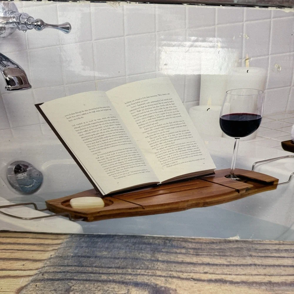 Umbra Aquala Bathtub Caddy Tray Natural Wood Book Wine Glass Holder Open Box New
